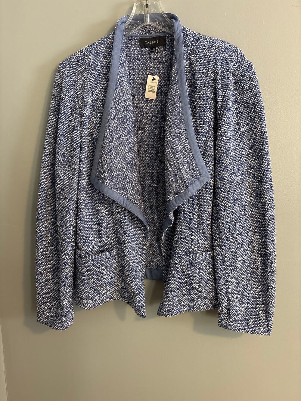 NWT Talbots Blue/white Open-Front Tweed Blazer/Cardigan XL